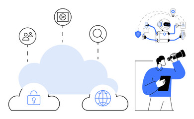 Cloud storage with padlock and globe icons, AI robot multitasking, person with a telescope. Ideal for technology, AI, innovation, connectivity, cybersecurity analytics teamwork. Simple flat