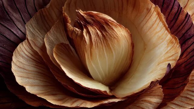 An artistic overhead shot of a halved onion showcasing its delicate layers and rich color perfect for food blogs and kitchen d&Atilde;&fnof;&Acirc;&copy;cor themes.