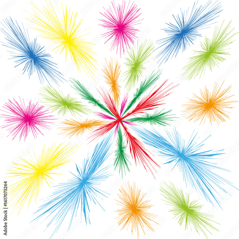 Poster bright spark elements. colorful burst shapes. dynamic glow vector. white background illustration.