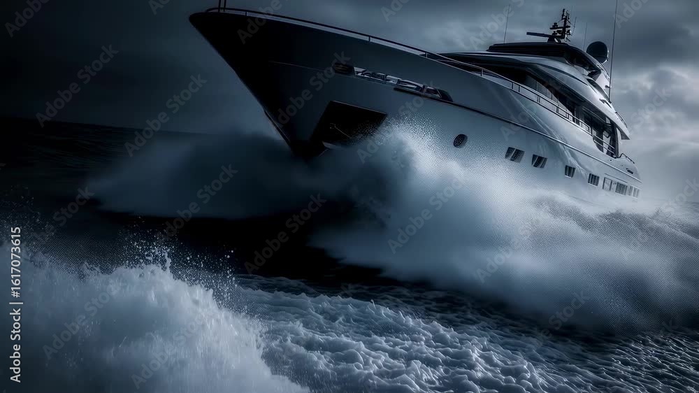Poster dramatic lowangle image of a sophisticated yacht in motion highlighting the energetic foam and intri