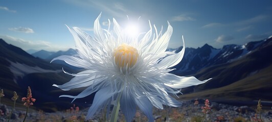 A haunted gothic Edelweiss Flower perched on a wind-swept hill art, generative ai