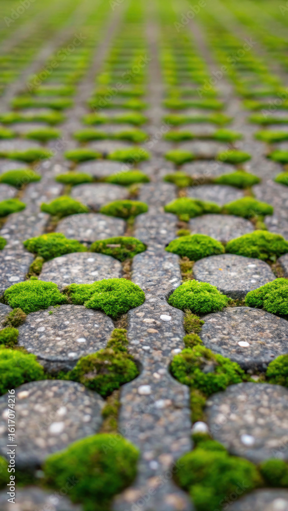 Poster moss grows between concrete blocks in sustainable industrial area creating natural pattern that soft