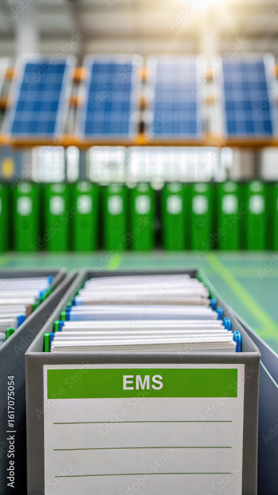 Poster sustainable industrial area sia office with organized ems files and solar panels in background creat