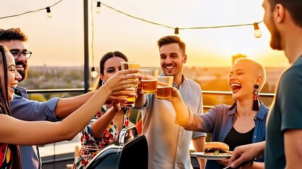 Diverse group of friends laughing and toasting with beer at rooftop barbecue party on summer day at sunset, orbiting camera