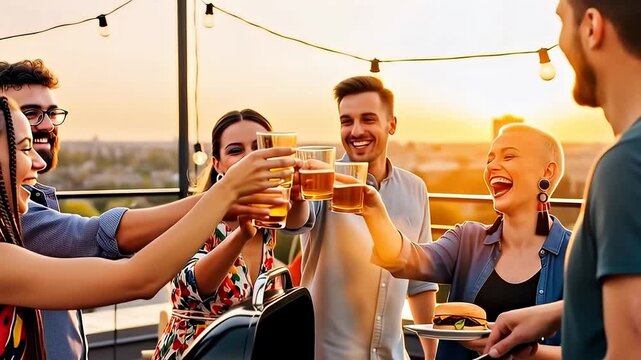 Diverse group of friends laughing and toasting with beer at rooftop barbecue party on summer day at sunset, orbiting camera