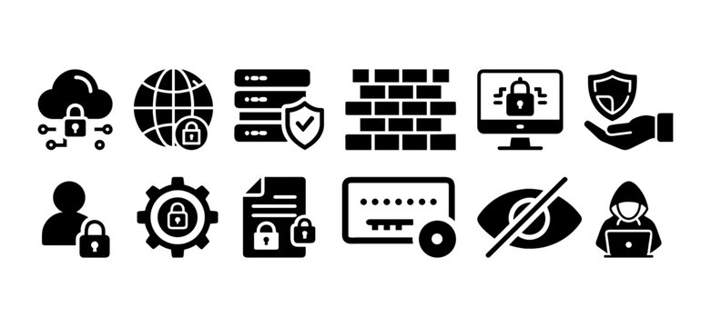 Vector set of internet security and firewall icons. Multiple icons including firewall, shield, server, and password lock for cybersecurity and IT protection.