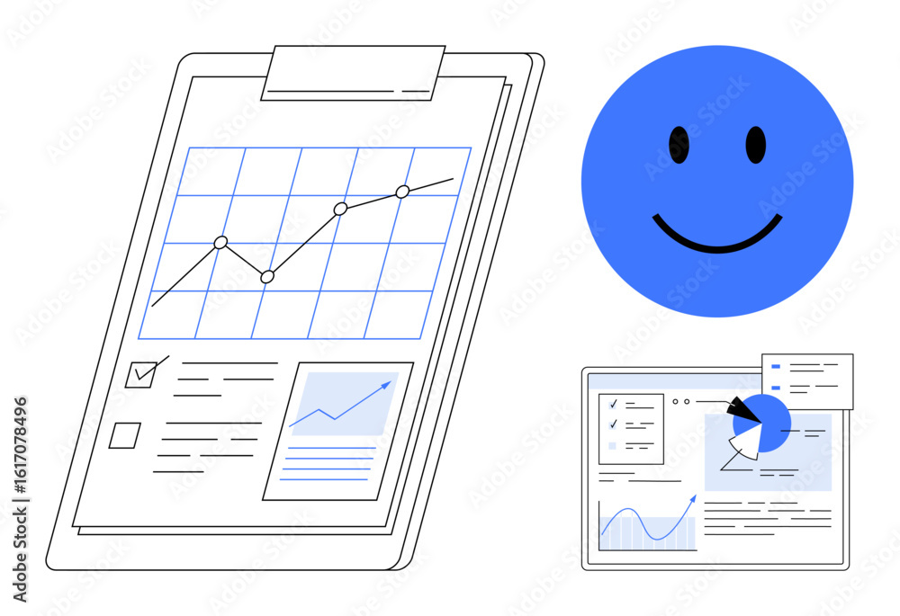 Poster clipboard with growth chart, blue happy, and screen displaying pie and line graphs. ideal for analyt