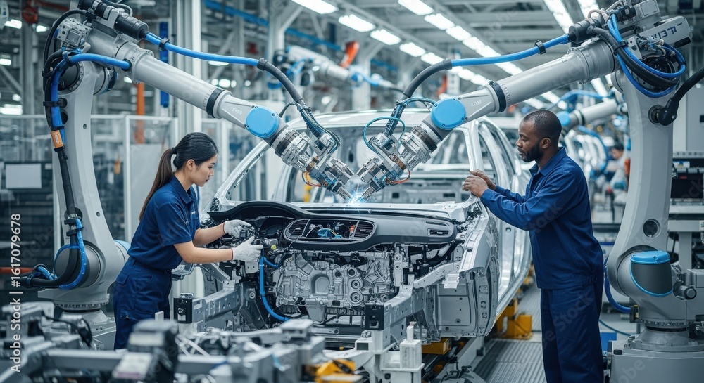 Poster automated robotic arms working alongside humans in car assembly process.