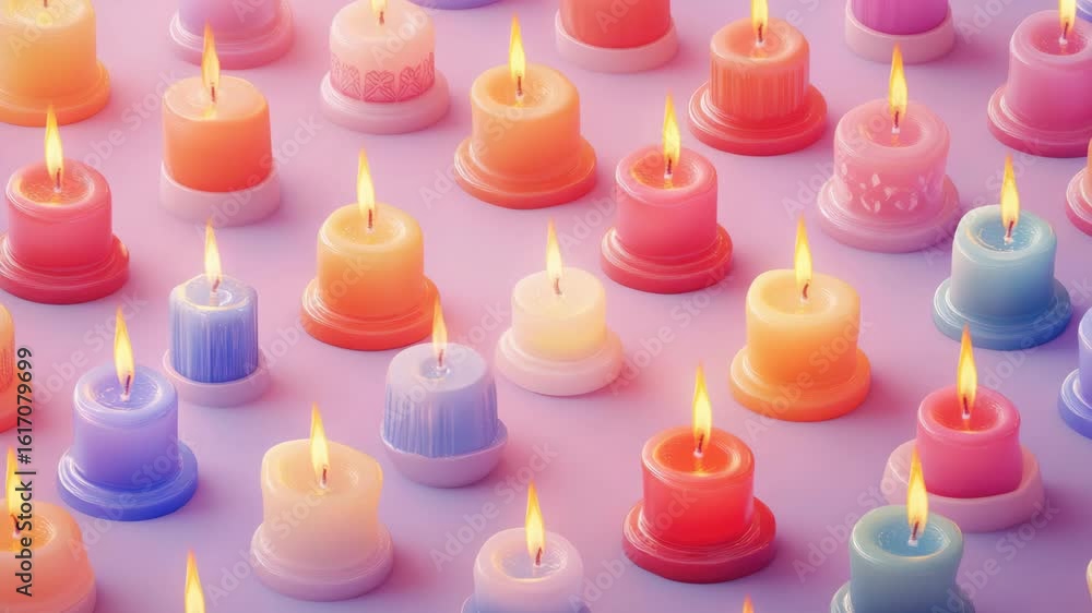 Poster this features a collection of vibrantly colored candles on a pink background. the candles are evenly