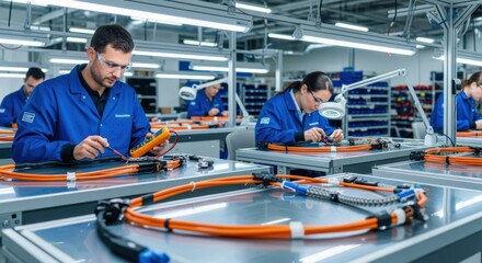Modern fabrication bay featuring multiple assembly benches with engineers inspecting electric aircraft highvoltage cable harnesses under bright LED lighting.