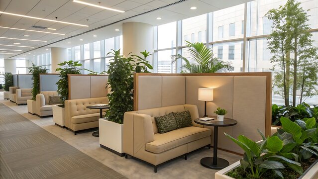 Modern office lounge area with plants and comfortable seating