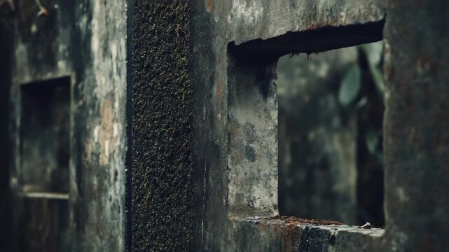 An abandoned concrete structure with visible rust and signs of disrepair. A window is missing, suggesting the building has not been maintained for some time.