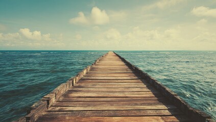 A weathered wooden pier stretching out over a tranquil ocean under a bright sky