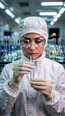 Female healthcare professional in protective gear and goggles analyzing test tube in sterile lab environment, concept of clinical diagnostics