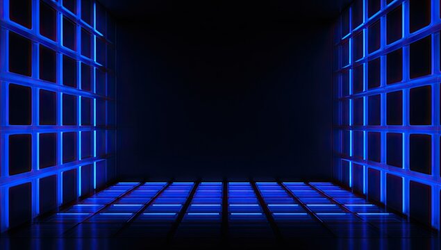 Dark room with glowing blue squares