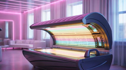 Futuristic collarium in a beauty studio with pink and neon lights, soft glow and high-tech design show the future of skincare, concept of beauty care