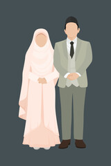 Muslim wedding couple standing side by side in soft pastel outfits on minimalist background, perfect vector for nikah invitation, greeting card, or love theme design