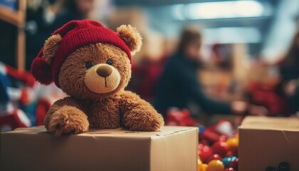 A serene holiday giving drive glowing with donated toys and supplies, volunteers sorting items under warm natural light