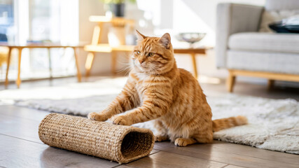 Ginger cat sitting on cardboard scratching post in bright living room, sunny day, concept of pet comfort and home life