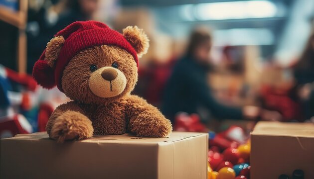 A serene holiday giving drive glowing with donated toys and supplies, volunteers sorting items under warm natural light