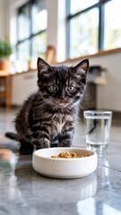 Cute kitten eating from bowl on ceramic tlle kitchen floor near window with glass of water