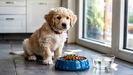 A small puppy sits on a kitchen floor near food and water bowls by a window, concept of pet care