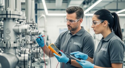 Electromechanical specialists performing electrical tests on installed valve components inside a clean manufacturing space.