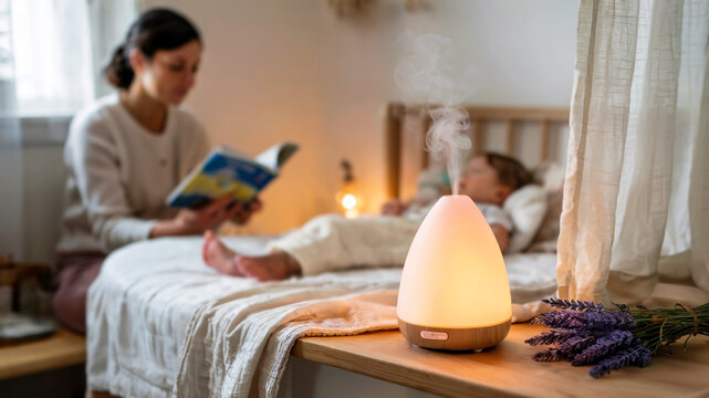 An aroma diffuser on a bedside table releasing essential oils in a cozy room, with a young mother and her child in the background, concept of Aromatherapy