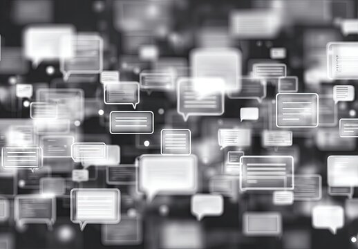 Abstract black and white image of many overlapping speech bubbles