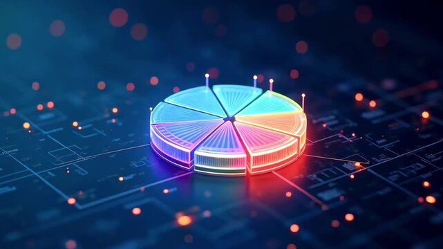 Colorful data visualization pie chart on a digital background with glowing circuits and nodes