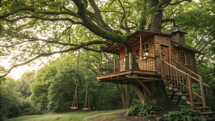 A wooden treehouse with a balcony and swings in a green forest