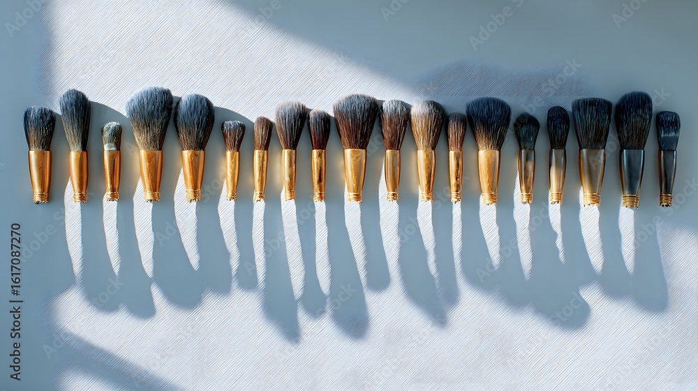 Poster many paintbrushes arranged in a row on a light surface.