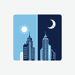 Fototapeta premium Cityscape Divided: Day and Night Contrast with Buildings and Celestial Bodies.