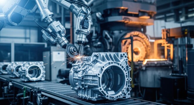 Multiaxis robot performing precision trimming of flash from magnesium gearbox housings produced in diecasting cell.