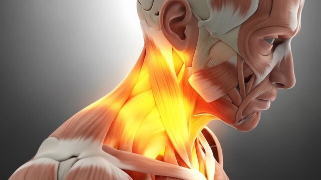 Anatomical Animation Highlighting Neck Muscle Injury Strain and Painful Inflammation.