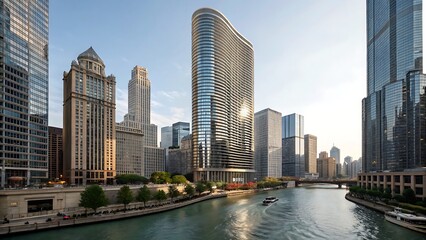Fototapeta premium Cityscape view of chicago river with modern architecture buildings