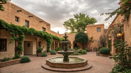 Fototapeta premium Courtyard with fountain and adobe buildings under cloudy skies
