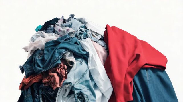 A large pile of folded laundry with various types of clothing, including jeans, t-shirts, and dresses.