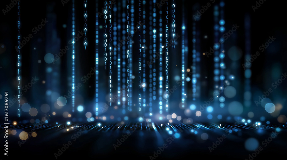 Poster digital data stream: an abstract representation of digital information flowing, with glowing blue li