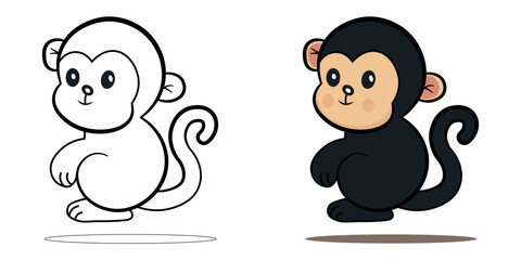 Cartoon Monkey Character in Black and White and Colored Versions