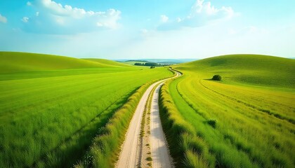 Fototapeta premium Aerial view of a dirt road winding through green fields under a bright blue sky with scattered clouds