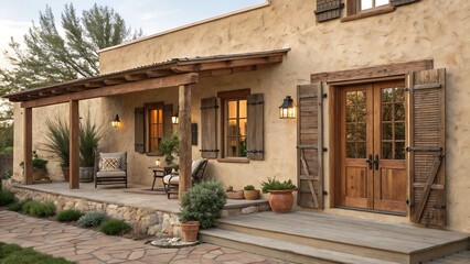 Exterior view of a stucco house with wooden shutters and porch