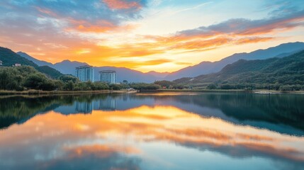 Fototapeta premium Sunrise over lake, mountains, reflection