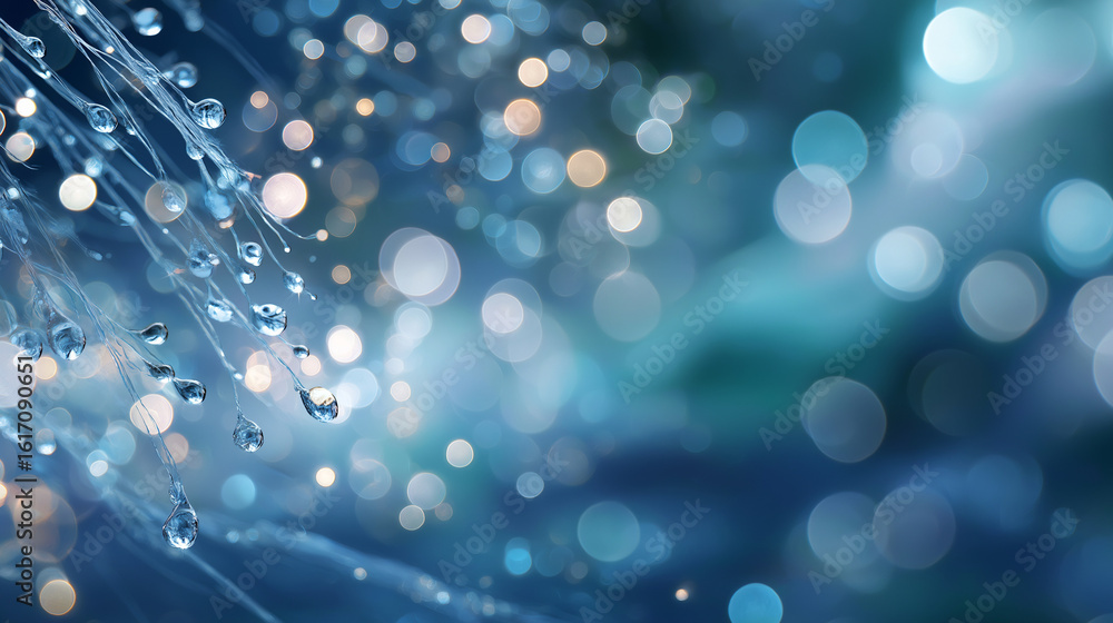 Poster mystical blue bokeh: close-up of delicate water droplets clinging to the ethereal threads against a 
