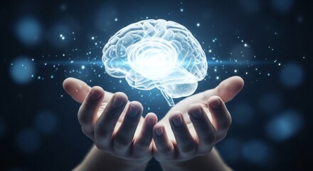A glowing blue brain levitates above cupped hands on a dark background