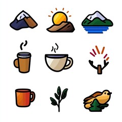 Nature  Coffee Icons: Mountains, Sunrise, Birds,  Hot Drinks Collection