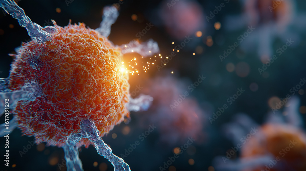 Aufkleber the cellular world: the image shows a microscopic view of a singular cell against a soft focus backd