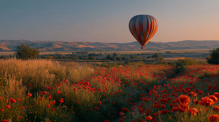 Obraz premium Hot Air Balloon in Poppy Field: A vibrant hot air balloon gracefully ascends over a sprawling poppy field at sunrise, painting a picturesque scene of adventure and serenity.