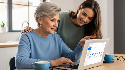 Senior woman and young woman using laptop together, sharing a screen, kitchen setting.