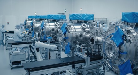 Panoramic interior of a specialized proton therapy facility showing multiple beamline modules lined up for assembly and testing.